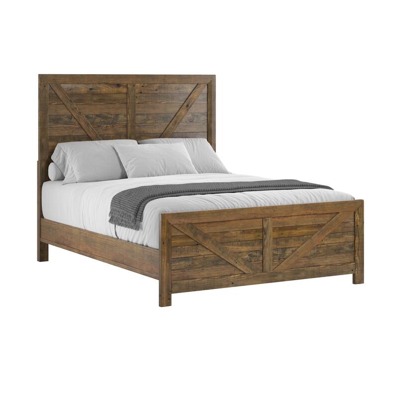 Rustic Queen Size Platform Bed in Caramel Brown Finish with Slatted Design and Easy Assembly - Brown