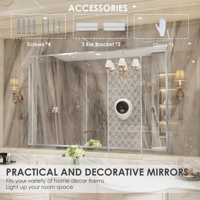 QuivaraView Wall Mounted Aluminum Frame Bathroom Vanity Mirror - 55" x 36" - Silver