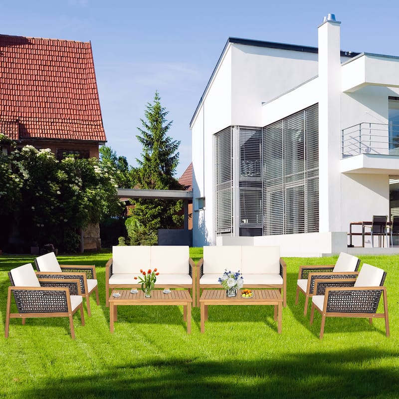Costway 8PCS Patio Rattan Furniture Set Acacia Wood Cushioned Sofa Off - Off-White+Mix Brown