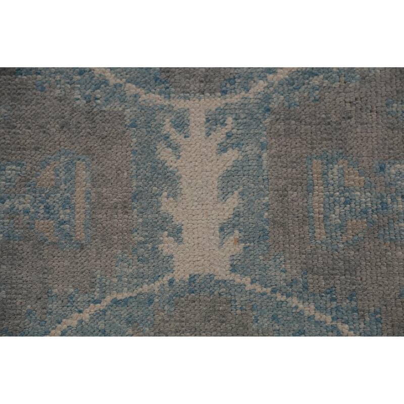 Hand Knotted Oriental 100% Wool Carpet Transitional Geometric Greys & Charcoal Oushak Runner Rug - 13' 10'' X 3' 1''