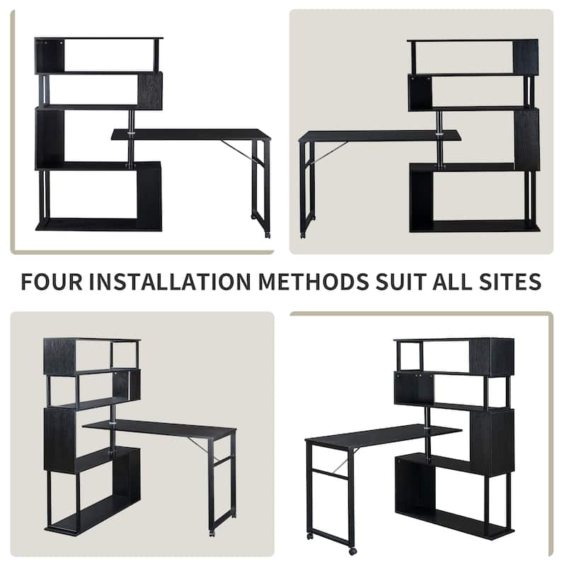 Roomfitters L-Shaped Home Office Desk, Corner Computer Table with 5-Tier Bookshelf, Lockable Casters, 4 Setups, Black