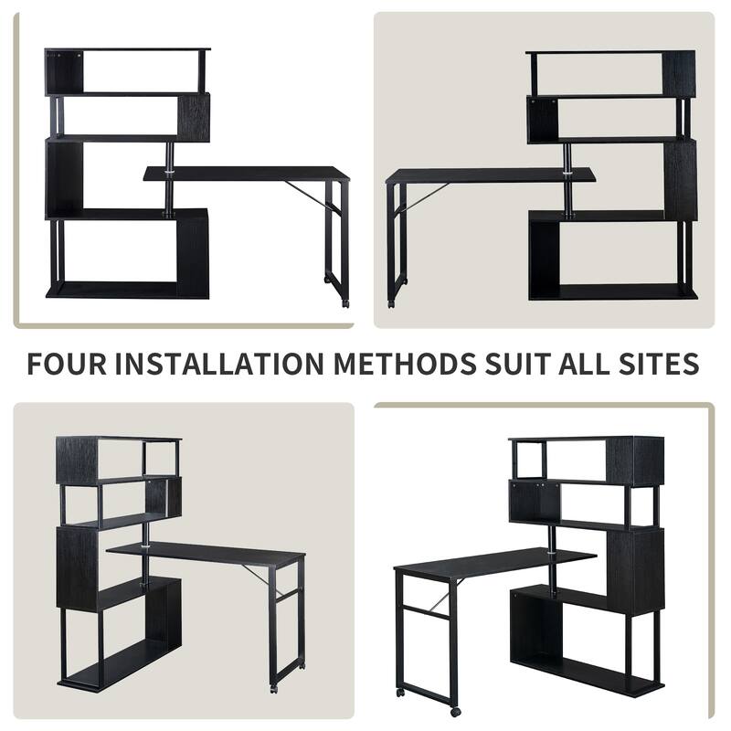 Versatile Home Office L-Shaped Desk with 5-Tier Storage, Adjustable Setup, Lockable Casters, and Sturdy Steel Frame