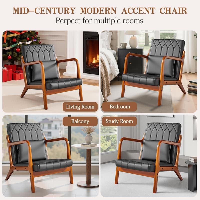 VECELO Mid Century Black PU Leather Accent Chair Lounge Chair with Removable Pillows Wooden Arms 300 lb Capacity for Living Room