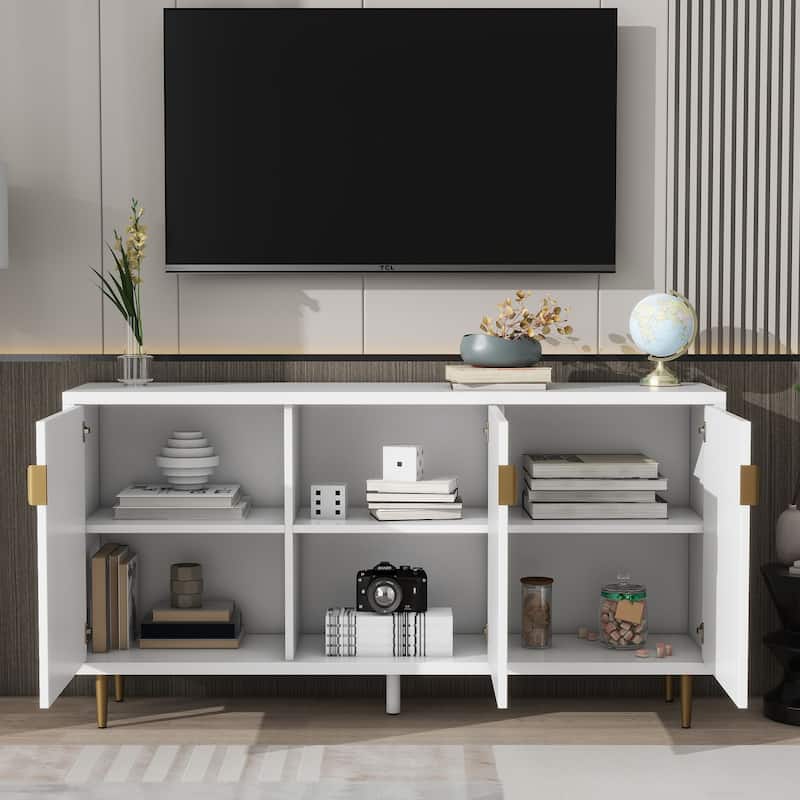 TV Stand with 3 Doors, Media Entertainment Center, Wooden Accent Storage Cabinets with Adjustable Shelves & Tapered Metal Legs