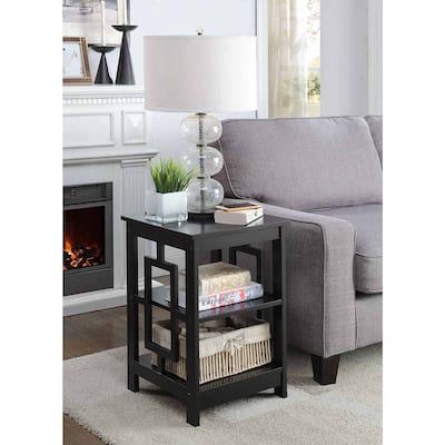 Town Square End Table with Two Tier Storage Shelves and Open Concept Frame, Stylish Transitional Accent Table for Living Room