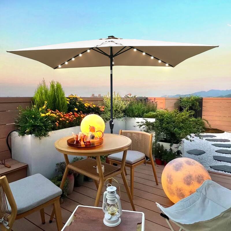 10x6.5ft Solar LED Rectangular Patio Umbrella with Crank and Tilt for Outdoor Use - White