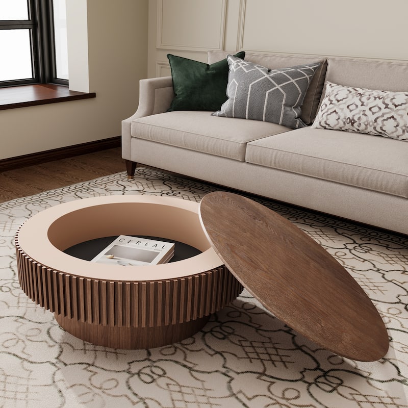 Modern Solid Wood Veneered Round/Oval/Rectangular Coffee Tea Table with Storage. - Walnut-31.5"