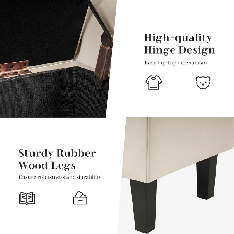 Upholstered Velvet Storage Ottoman Bench with Lift-Top Storage and Solid Rubberwood Legs