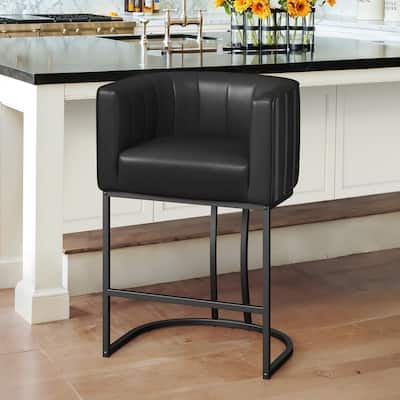 Modern 26.in Counter Height Stool Low Back Upholstered/PU Leather Barrel Bar Stool with Metal Frame