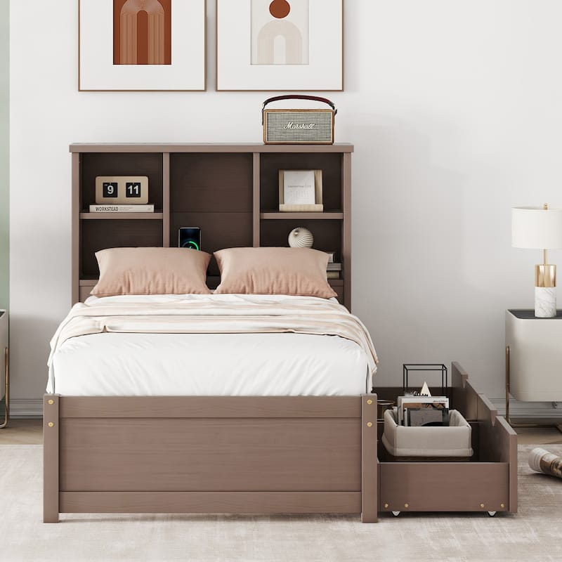 Modern Twin Size Bed Frame With Built-in USB Port - Walnut