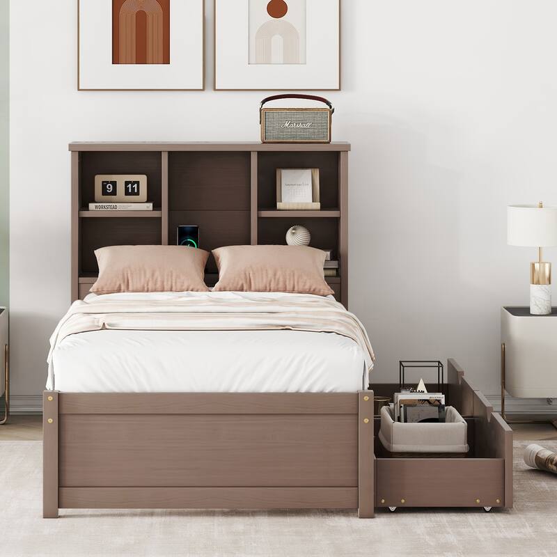 Modern Twin Size bed Frame With Built-in USB Port on Bookcase Headboard and 2 Drawers for Walnut Color - Walnut
