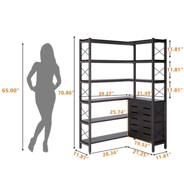 dimension image slide 0 of 2, 6-Shelf Corner Bookshelf, Vintage Industrial Corner Bookshelf Etagere Bookcase,with storage cabinet