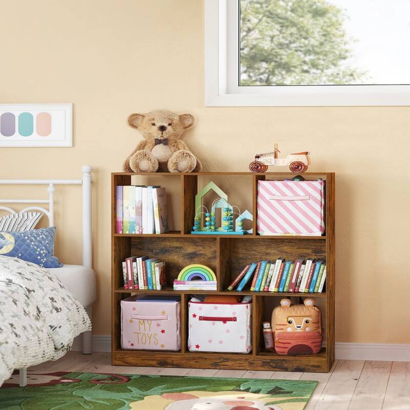 Rustic Brown 8-Cube Bookshelf with Open Storage Compartments for Living Room Study or Office - 35.4"L x 11"W x 39.4"H