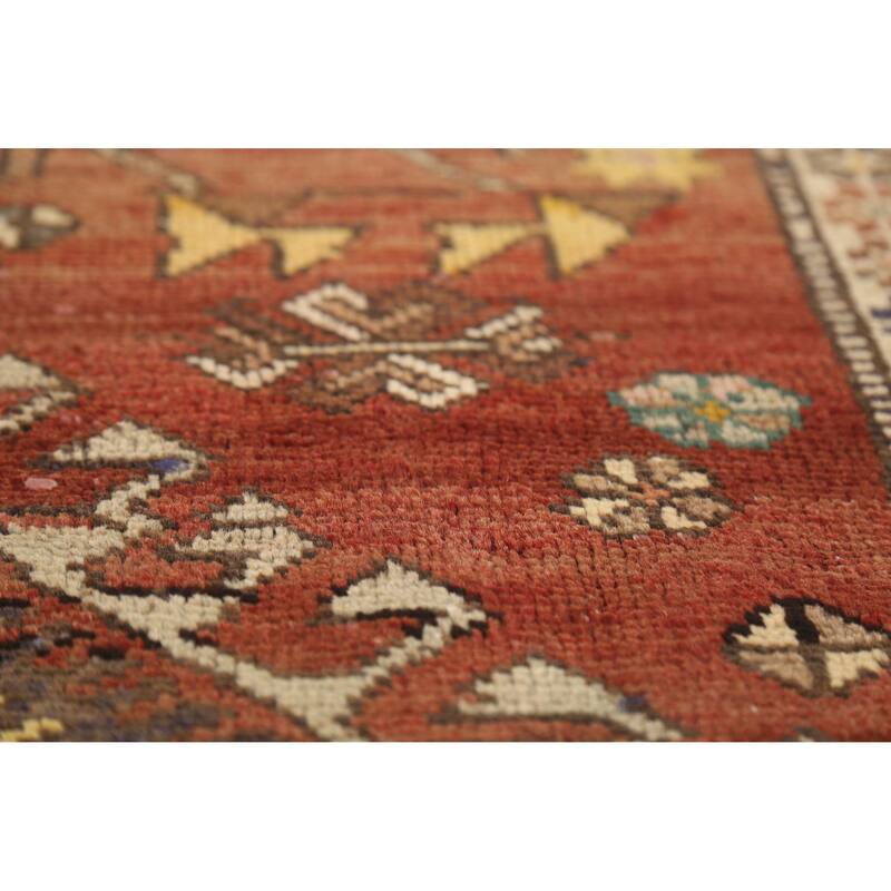 Hand Knotted Oriental 100% Wool Carpet Traditional Geometric Oranges & Rust Heriz Runner Rug - 12' 11'' X 3' 9''