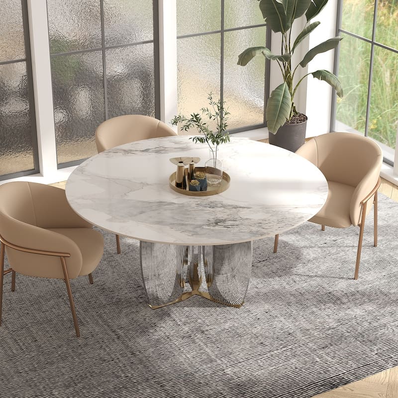 Modern Round Rock Slabs Stainless Steel Mirror Pedestal Dining Table