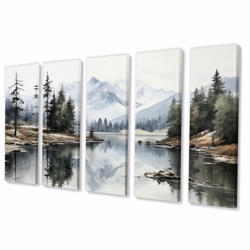 Designart "Green Blue Minimalism Forest Silent Reflection" Landscapes Multipanel Canvas Print set