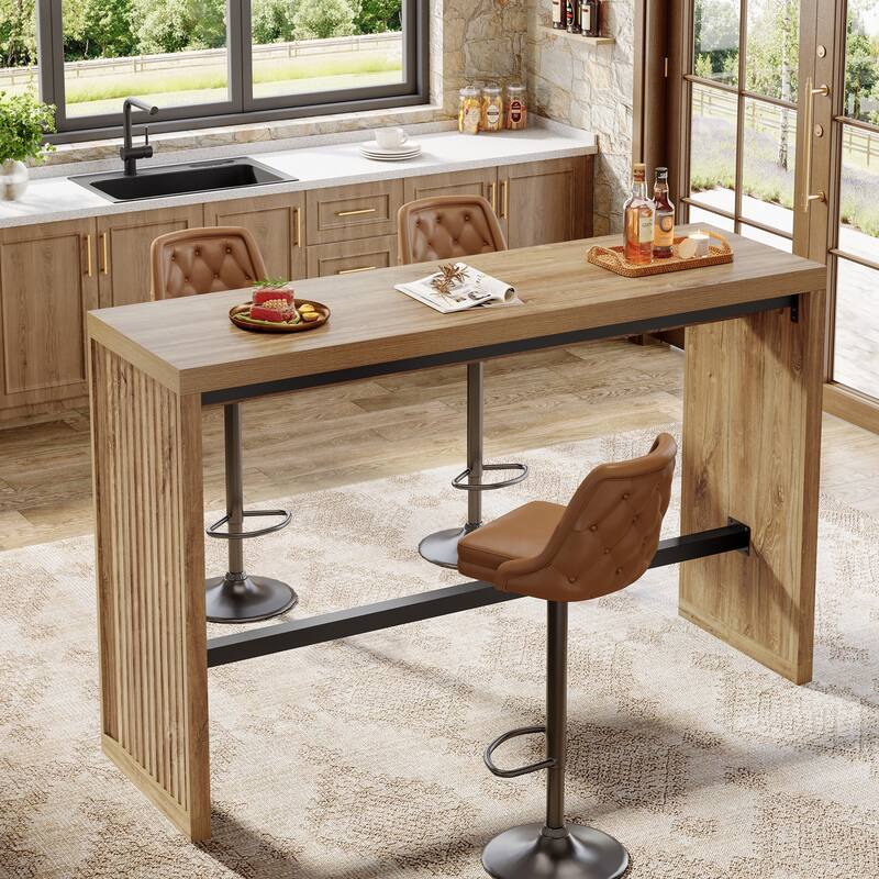 55 Inch Wooden Bar Table with Metal Footrest - 55.11" W x 15.59" D x 37.40" H