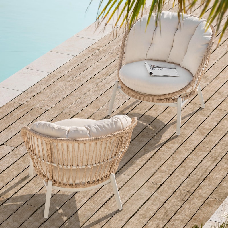 Outdoor 2-Piece Aluminum Rattan Single Sofas with Beige Cushions