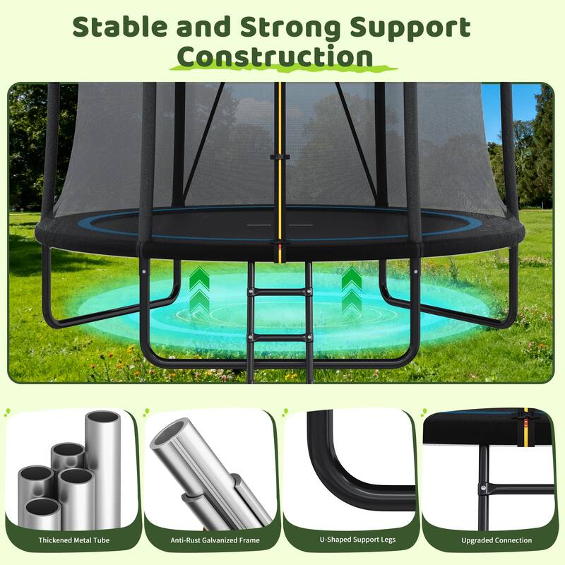 Kids Recreational Trampoline - Safety Enclosure Net, Ladder, Outdoor Backyard Fun - Black - 96