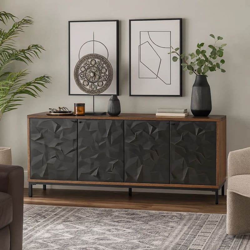 Anby Sideboard Console, 4 Doors, 2 Shelves, Black, Brown Wood 70 Inch