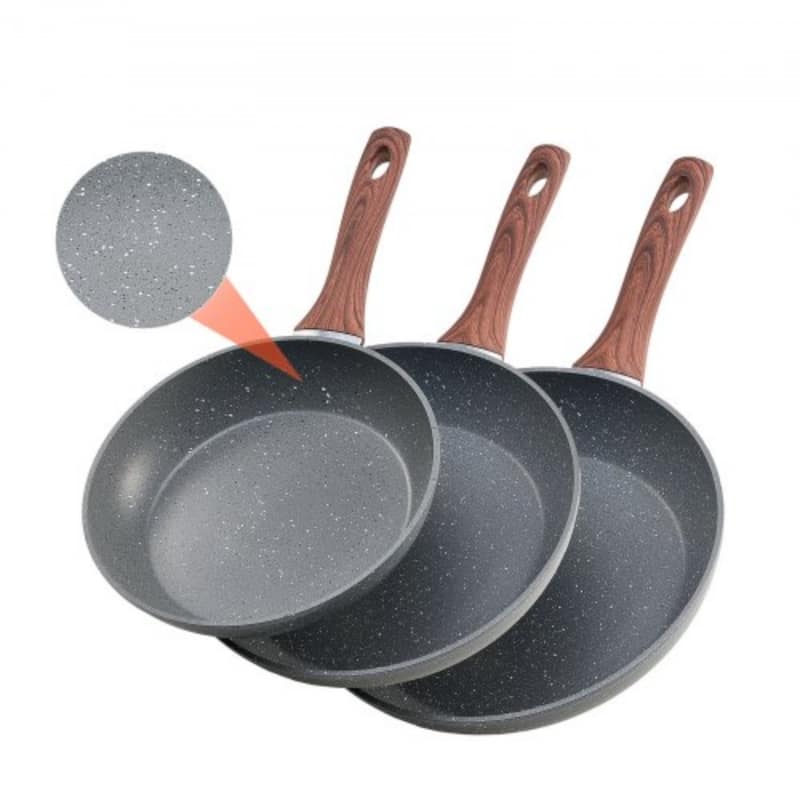 3 Piece Aluminum Frying Pan Set with Nonstick Surface and Stays Cool Handles Suitable for All Stoves