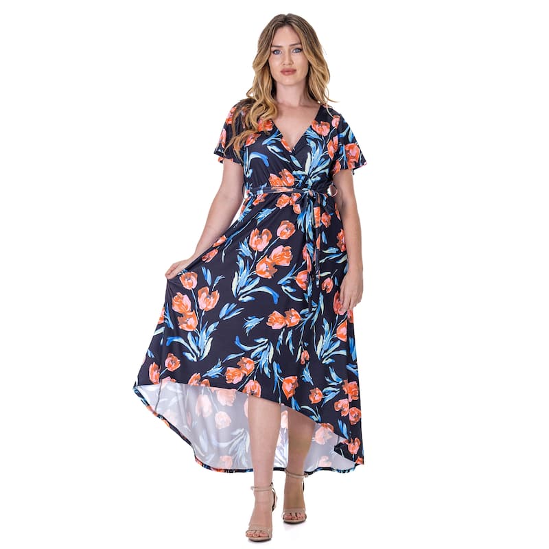 24seven Comfort Apparel Womens Black Floral V Neck Belted High Low Faux Wrap Dress - Black/Red - M