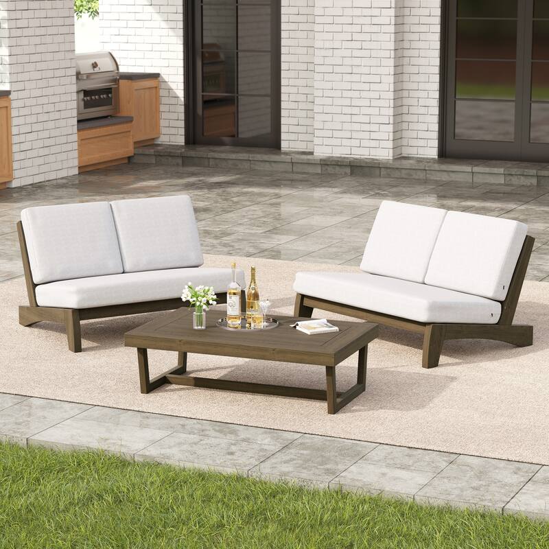 Outdoor Acacia Wood 3 Piece All Weather Conversation Set - Beige