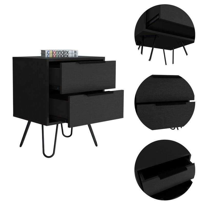 Modern Black Nightstand with Two Drawers and Hairpin Legs