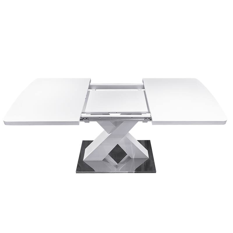 Modern Square Dining Table, Stretchable, with X-Shape Table Leg with Metal Base