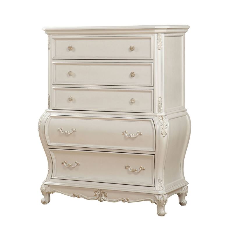 Wooden Drawer Chest with Five Drawers, Pearl White