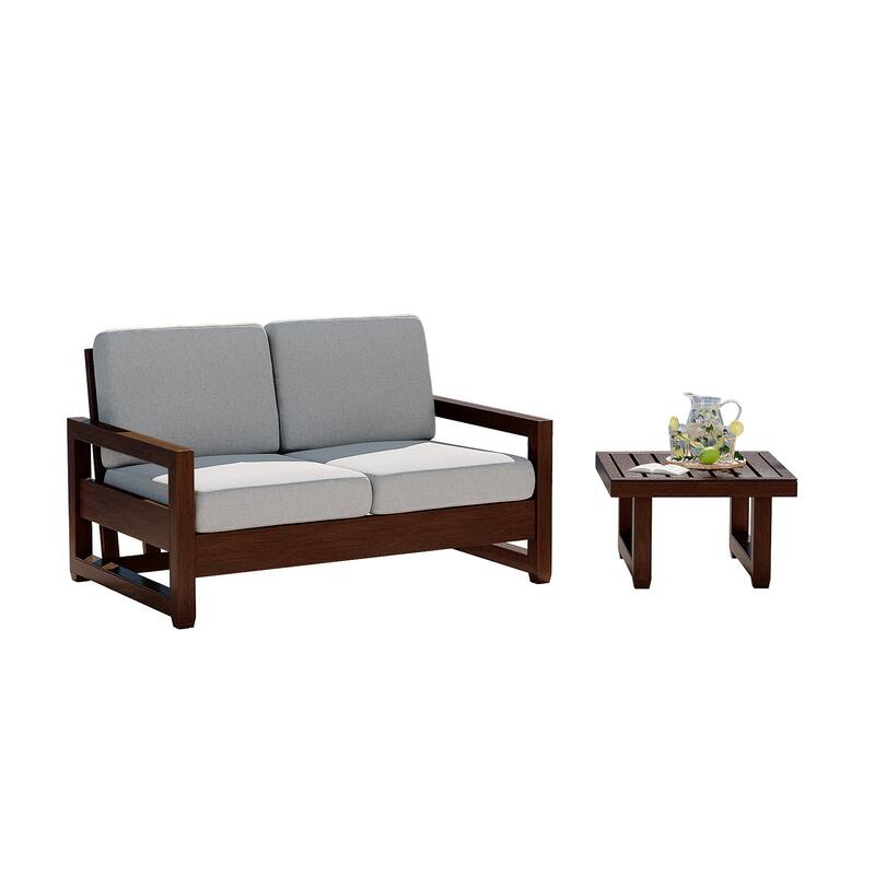 Teak Loveseat Patio Set with Cushions and Table (2-Piece)