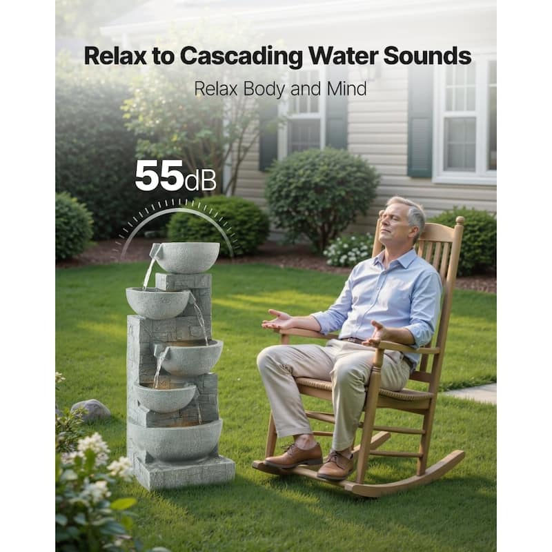 Modern Rock Grey 5-Tier Outdoor Water Fountain with LED Lights for Patio or Garden Decor - 12.99 x 12.20 x 31.50 in