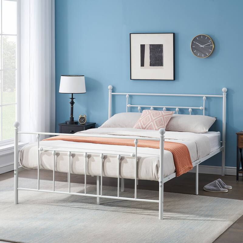 White White Victorian Metal Bed Frame Full Size Heavy Duty Platform Bed Frame with Headboard & Footboard No Box Spring Needed