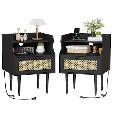 Rattan Nightstand Set of 2, Modern Side Table with Charging Station