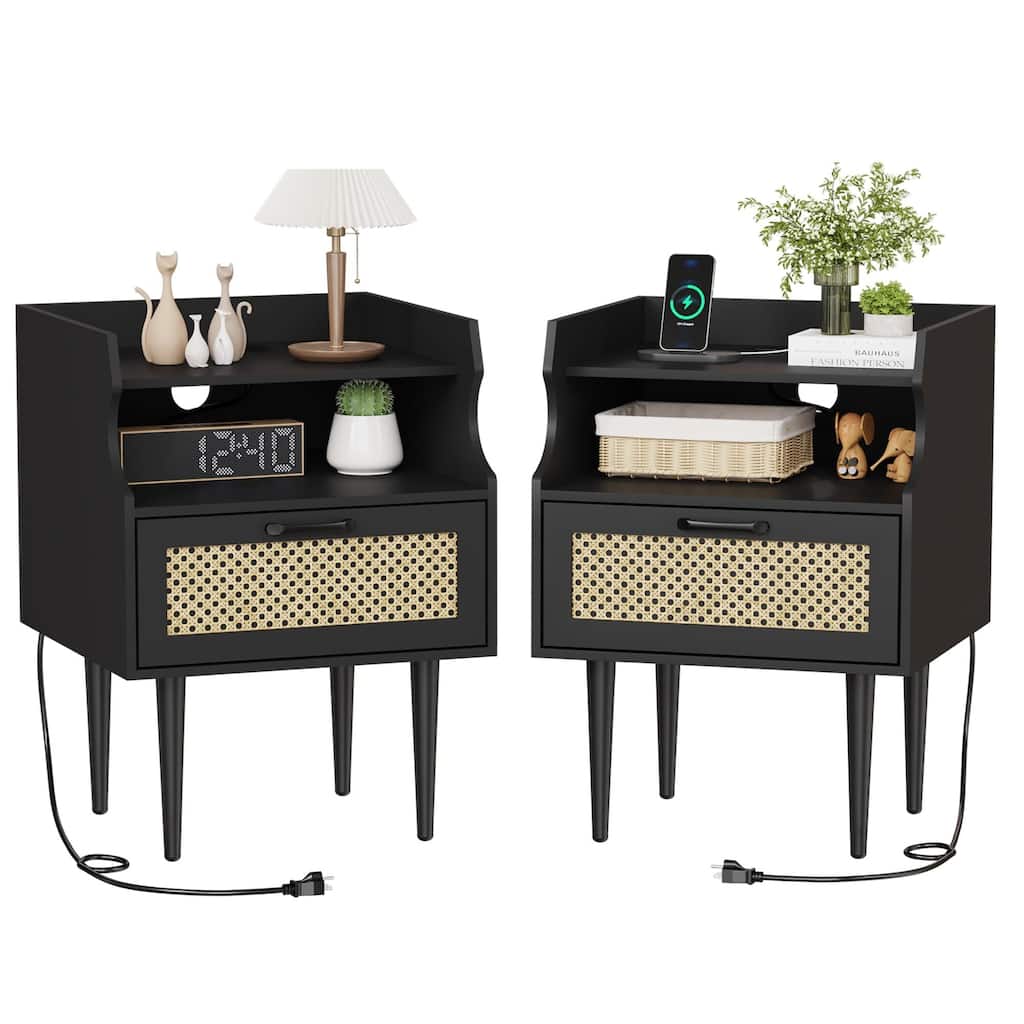 Rattan Nightstand Set of 2, Modern Side Table with Charging Station