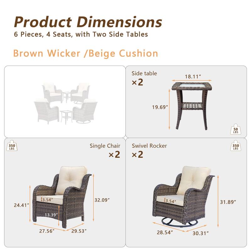 Brown Wicker Outdoor Patio Furniture Seating Sets with Beige Cushions