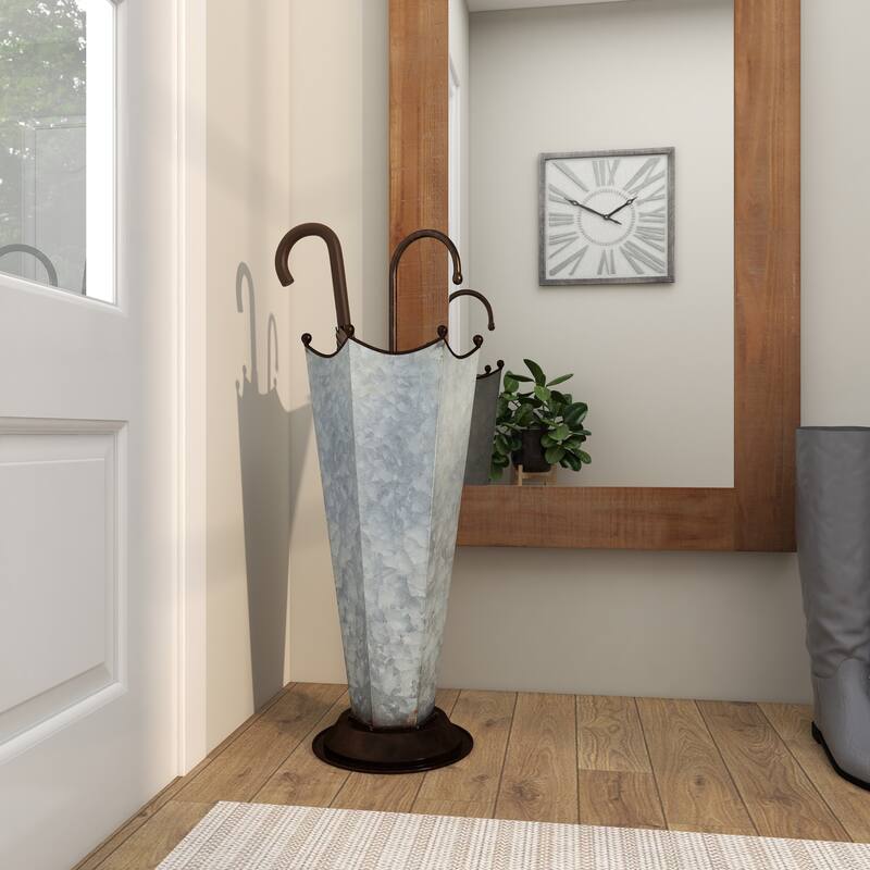 Gray Metal Galvanized Umbrella Stand with Copper Base and Handle