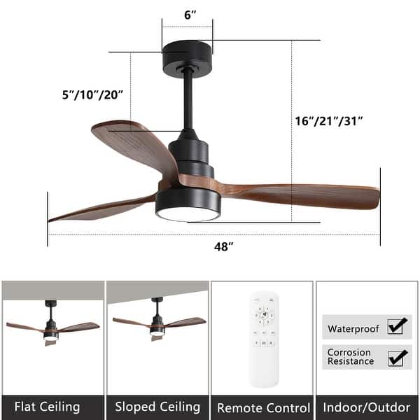 dimension image slide 3 of 12, 42“/52"/60"/48" Noiseless Walnut Wood Ceiling Fan with Remote Control, Integrated Light Optional