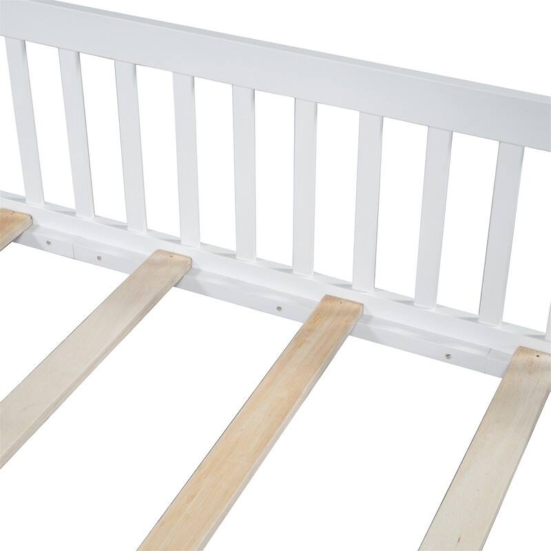 Full Size Montessori Floor Bed with Door and Safety Guardrails, Wood House-Shape Headboard House Floor Bed with Fence for Kids