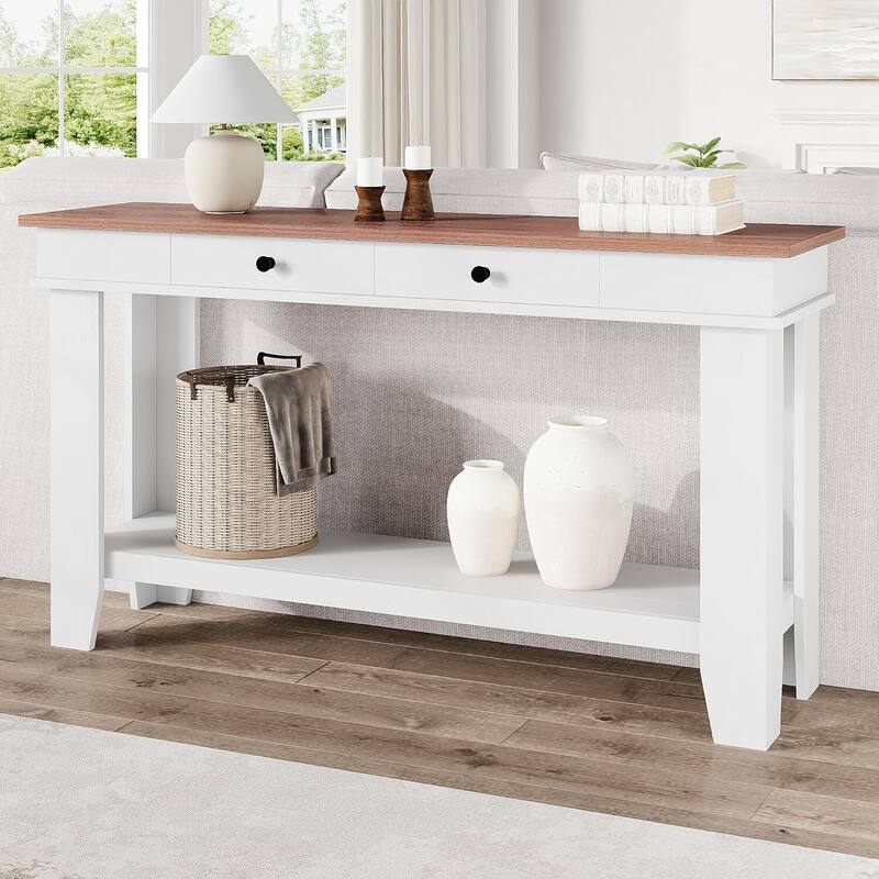 2 Tier Farmhouse Entryway Table, Console Table with 2 Storage Drawers