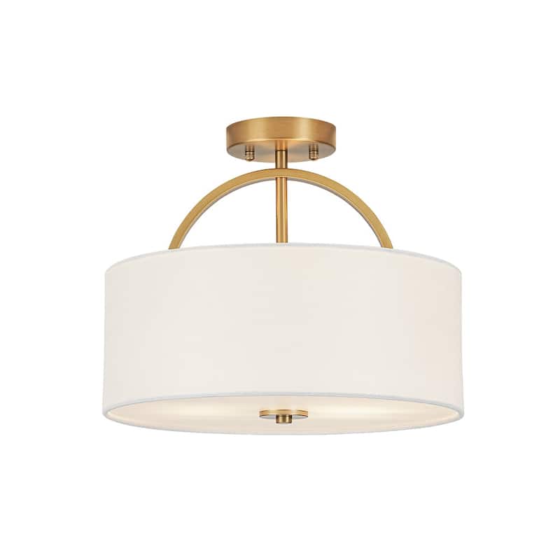 Contemporary 2-Light White Linen Drum Semi Flush Light 15in Wide