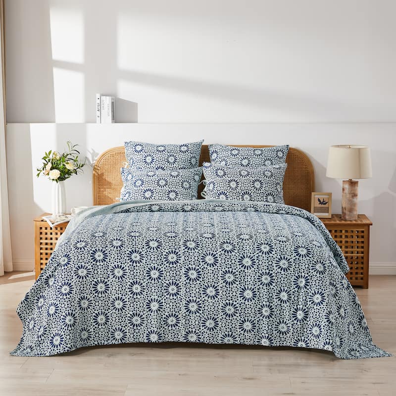 Melange Hand Stitched Kantha Flower Block Print Coverlets and Shams