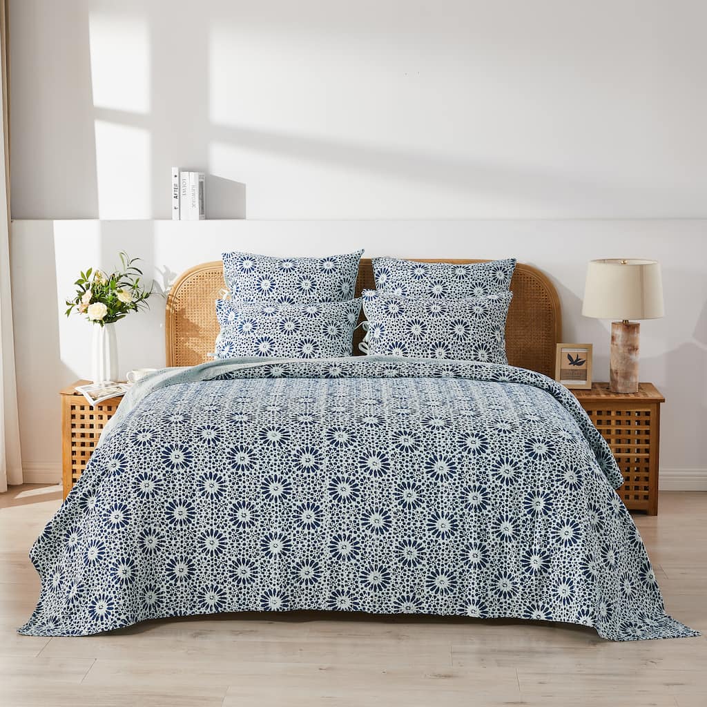 Melange Hand Stitched Kantha Flower Block Print Coverlets and Shams