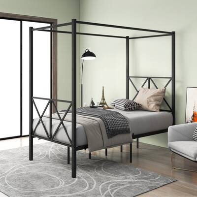 Twin Size Metal Canopy Bed Frame with X Shaped Frame