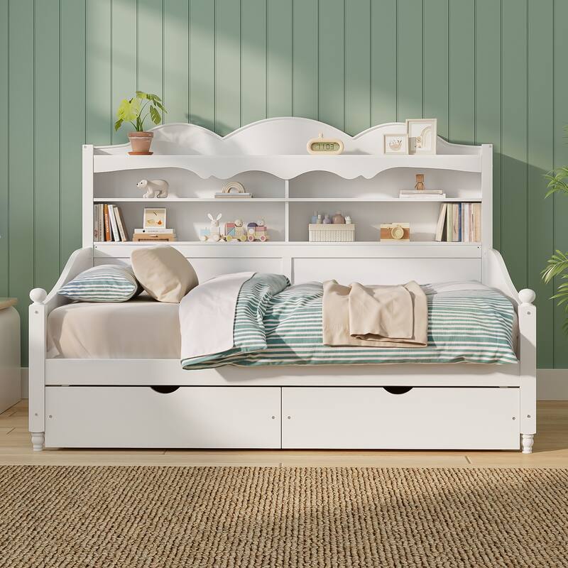 Twin Daybed with Storage Drawers and Headboard Shelving Wooden Frame - White - Twin