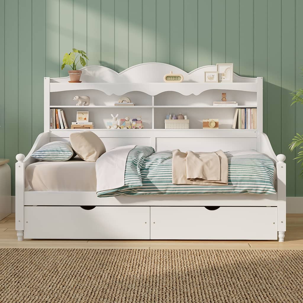 Twin Daybed with Storage Drawers and Headboard Shelving Wooden Frame