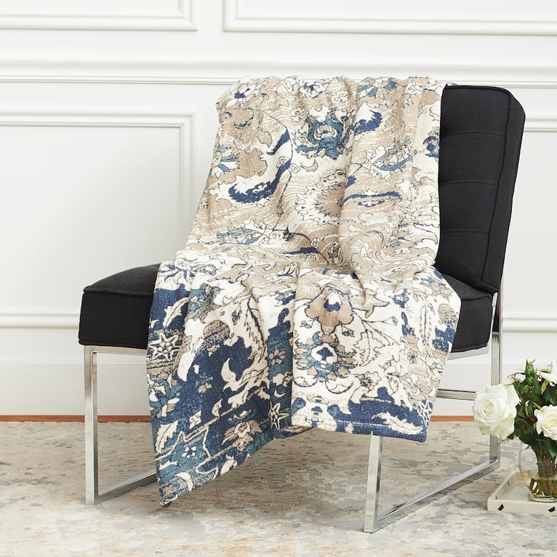 Saanvi Throw Blanket Accent Decor Decoration 50" x 60" Super-Soft Cotton Cream and Blue Elegant Pattern