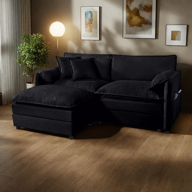 75.59" Chenille Upholstered L-Shaped Modular Sectional Sofa with Double-Layer Cushions, DIY Combination - Black