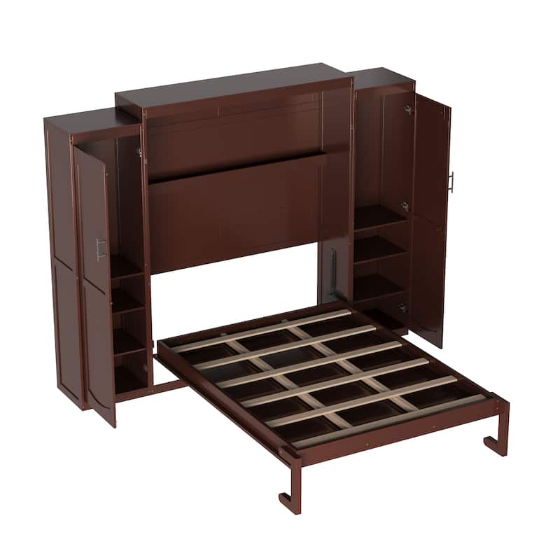 Full/Queen Size Murphy Bed, Wood Wall Murphy Bed with Two Closets and Shelves, Foldable Platform Bed Frame with Wooden Slats