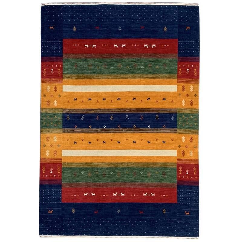 Navy Hand Knotted Wool Transitional Gabbeh Rug, 10' x 14', plush stylish accent - L